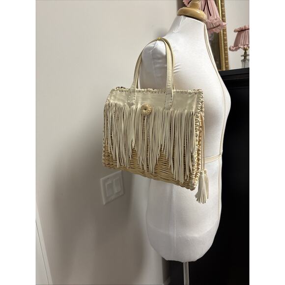 En Shalla Boho Western Coastal Wicker Kid Leather Fringe Woven Basket Tote - Picture 10 of 16